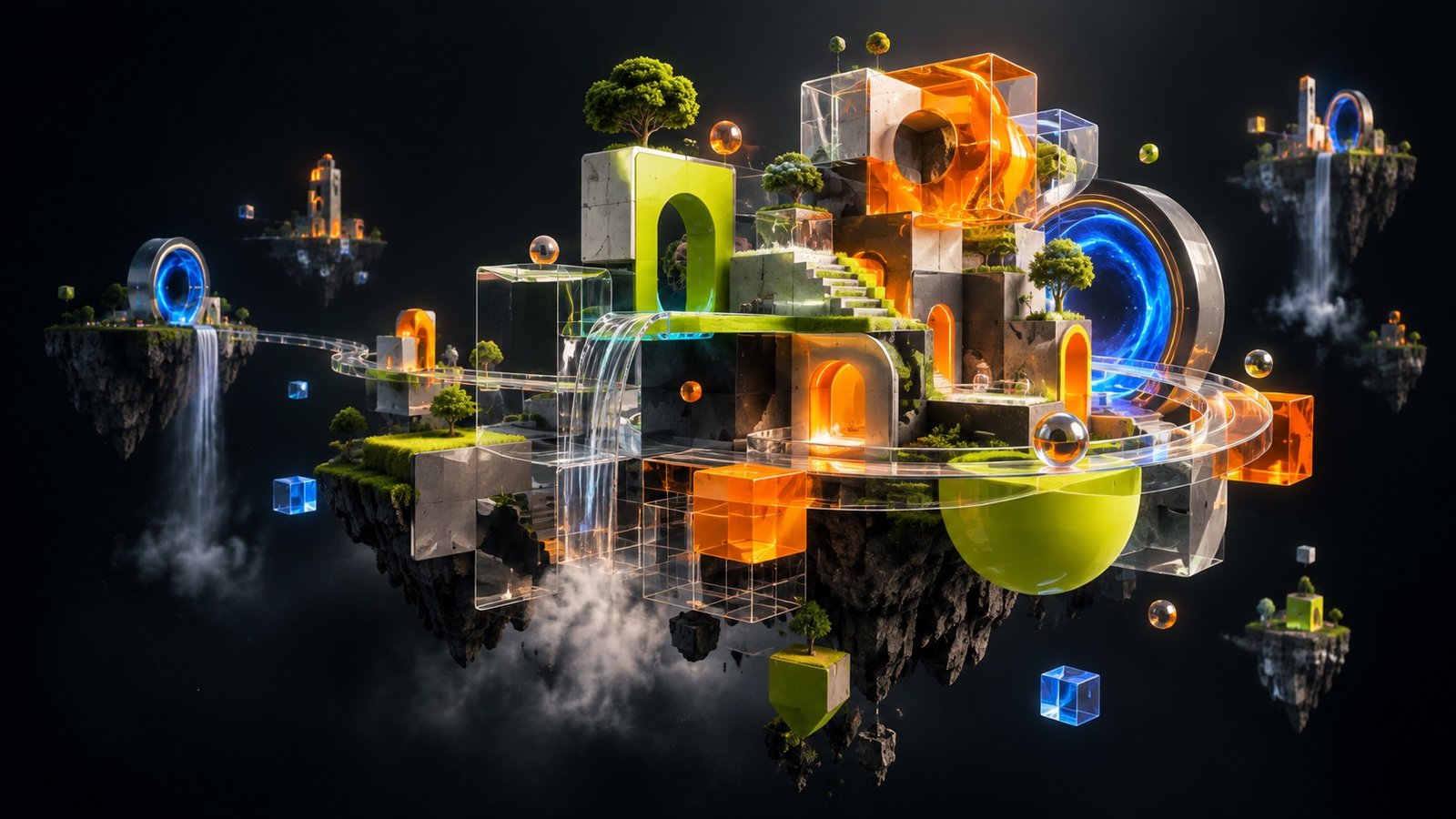 Abstract modular game world built from glass, light and geometric forms